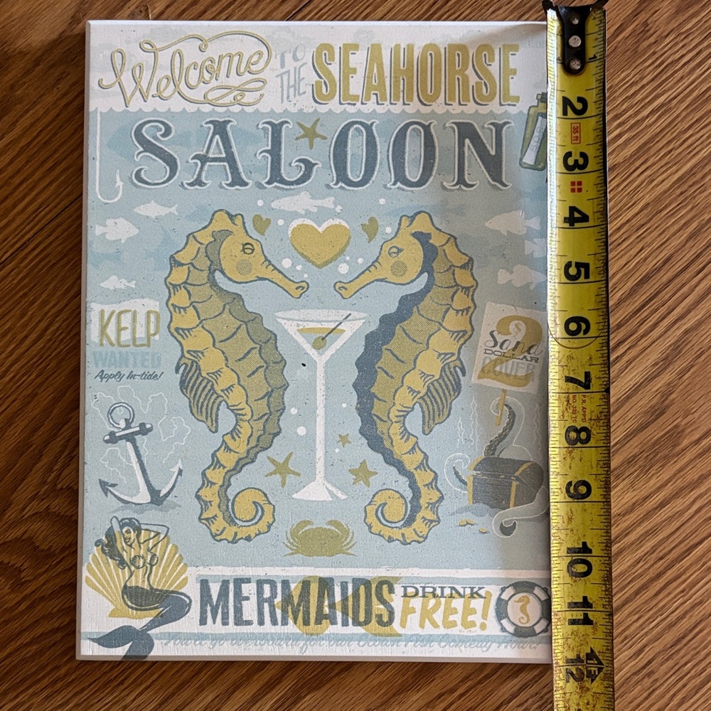Seahorse Saloon Coastal Wooden Wall Art Print - Blue & Gold